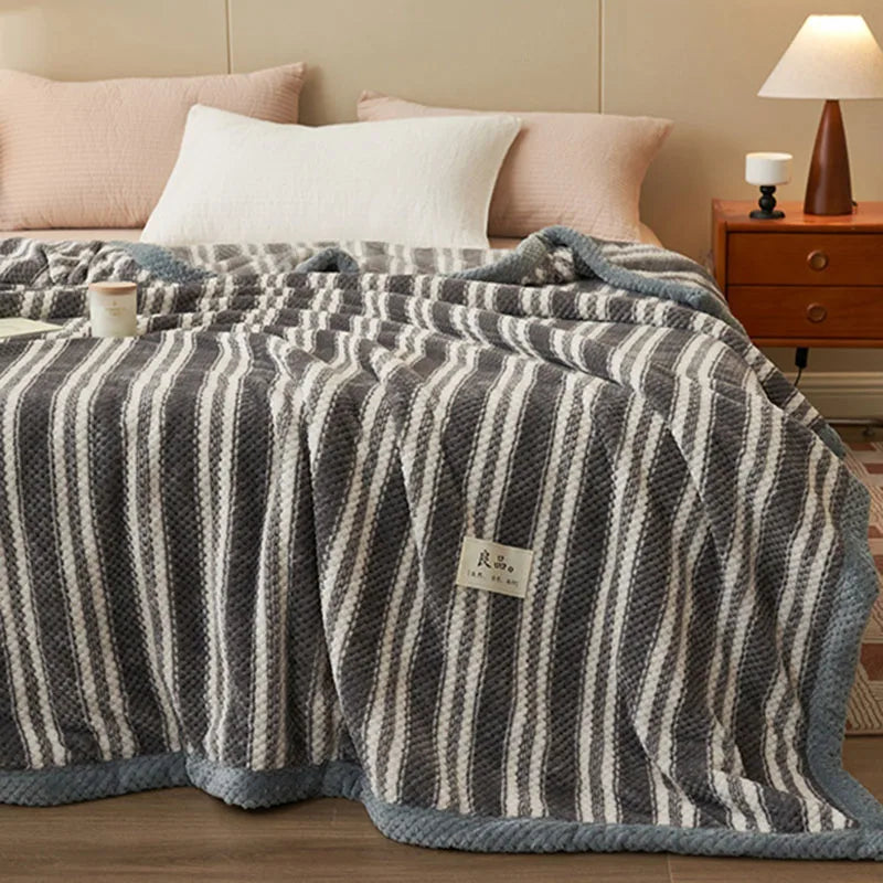 Afralia™ Japanese Striped Coral Fleece Blanket: Warm Sofa Cover, Office Nap Shawl, All Seasons