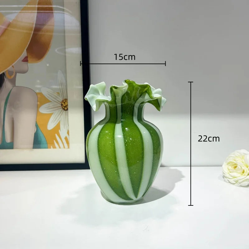 Afralia™ Striped Glass Vase Wavy Edge Flower Pot Terrarium Room Decoration