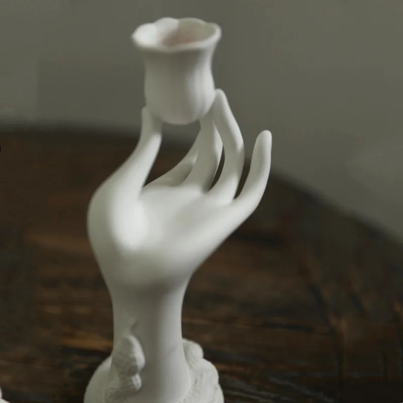 Afralia™ Ceramic Candle Holders Arm Lifting Flowers Hand Candlesticks White Decor