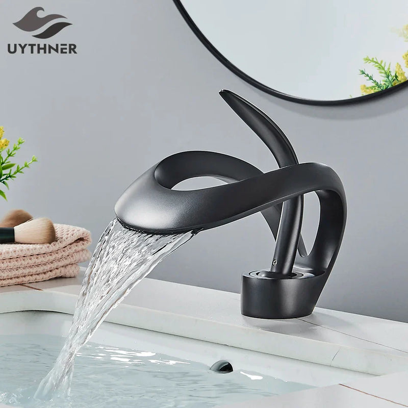 Afralia™ Black Brass Waterfall Basin Faucet, Single Handle Deck Mount Vanity Tap