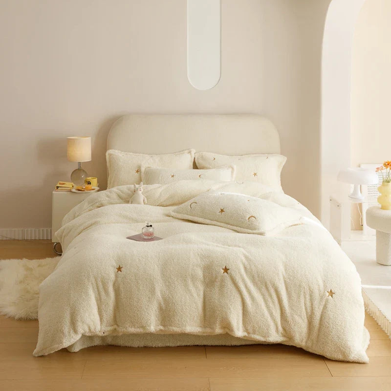 Afralia™ Berber Fleece Star Bear Embroidery Bedding Set - Cream White, Winter Home Textiles