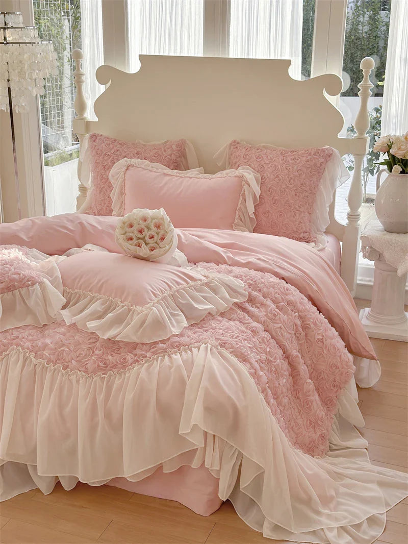 Afralia™ Pink Rose Flowers Lace Ruffles Bedding Set, Duvet Cover, Sheet, Pillowcases