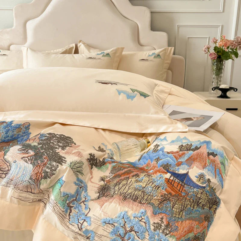 Afralia™ Mountain River Landscape Embroidery Bedding Set - Duvet Cover, Bed Sheet, Pillowcases