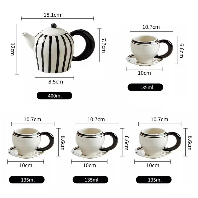 Afralia™ Striped Porcelain Tea Set: Mug, Teapot, Cup & Saucer for Dining Table & Afternoon Tea