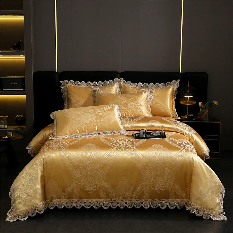 Afralia™ Golden Jacquard Cotton Lace Bedding Set - Silky Soft Duvet Cover, Flat Sheet, Pillowcase