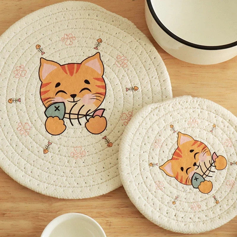 Afralia™ Cat Print Round Woven Coaster Cup Mat Table Heat Insulation Pad