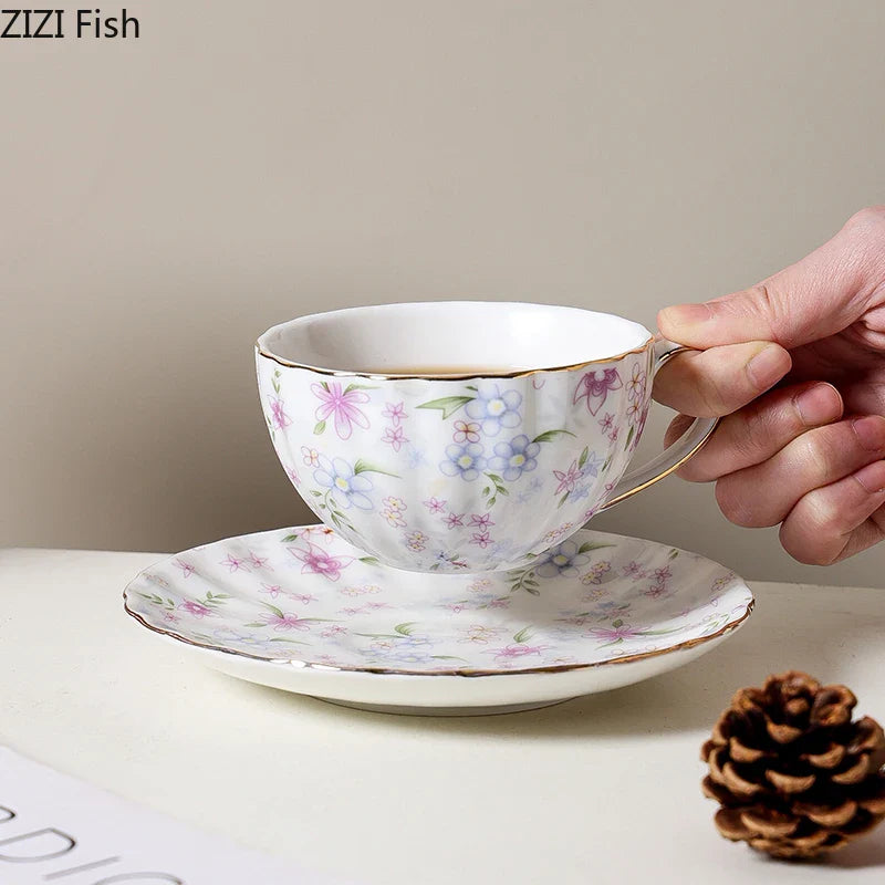 Afralia™ Floral Print Porcelain Coffee Mug with Gilding Edge