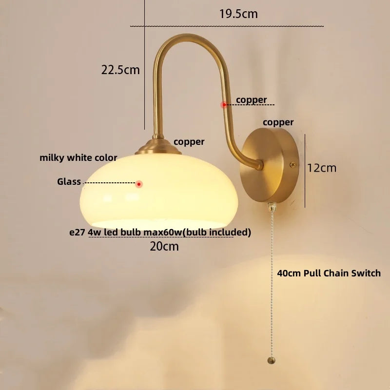 Afralia™ Glass LED Wall Sconce with Pull Chain Switch for Coffee Bedroom - Copper Nordic Stair Light