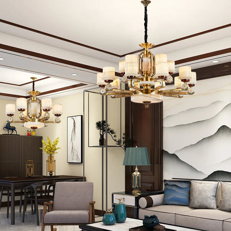 Afralia™ All Copper Jade Chandelier, Modern Chinese Style for Living Room, Bedroom, Dining Room.