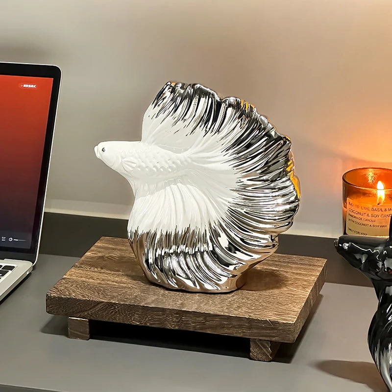 Afralia™ Silver Gradient Koi Fish Sculpture | Ceramic Handicrafts Home Decor