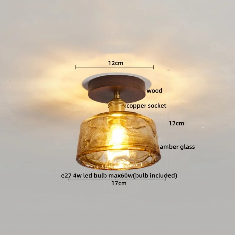 Afralia™ Amber Glass LED Ceiling Light: Modern Aluminum Wood Kitchen Balcony Room Lamp
