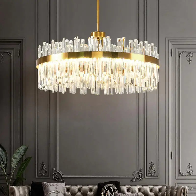 Afralia™ Gold Round Crystal Pendant Light Chandelier for Bedroom and Living Room