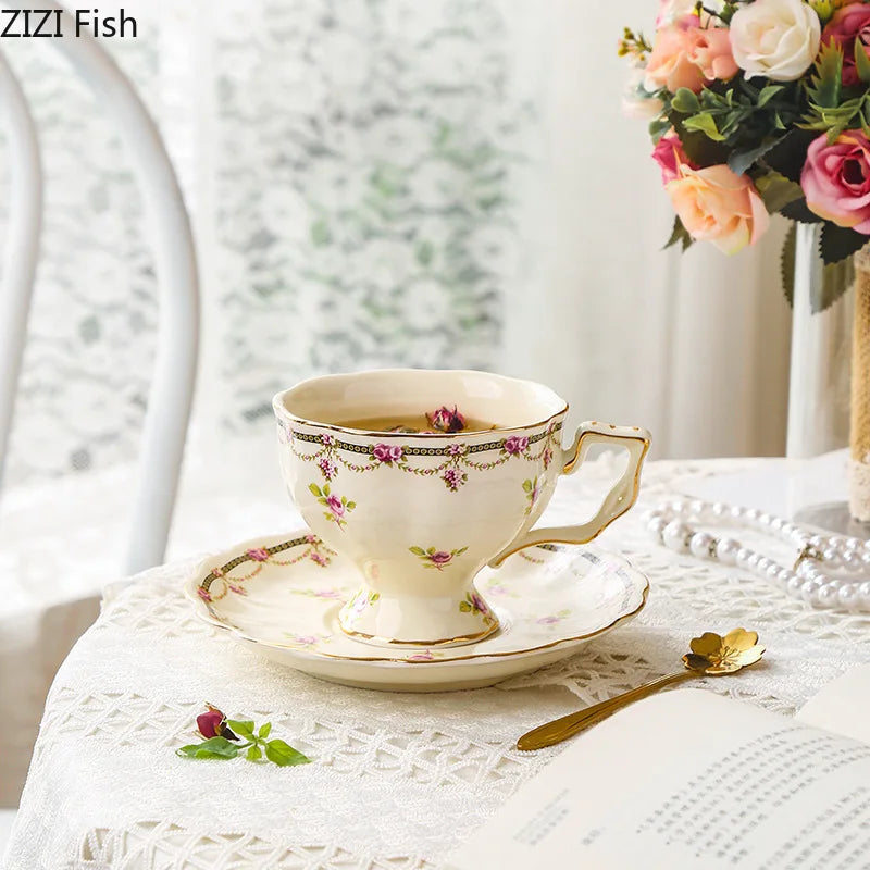 Afralia™ Floral Ceramic Cup & Saucer Set, Elegant Tea & Coffee Mug for Dining Table