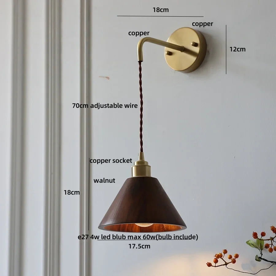 Afralia™ Wood LED Wall Lamp with Copper Socket & Pull Chain Switch - Adjustable Staircase Light