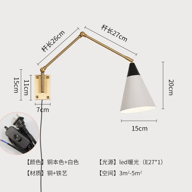 Afralia™ Gold Lustre Copper Swing Arm Wall Lamp LED E27 for Villa Bedroom Study