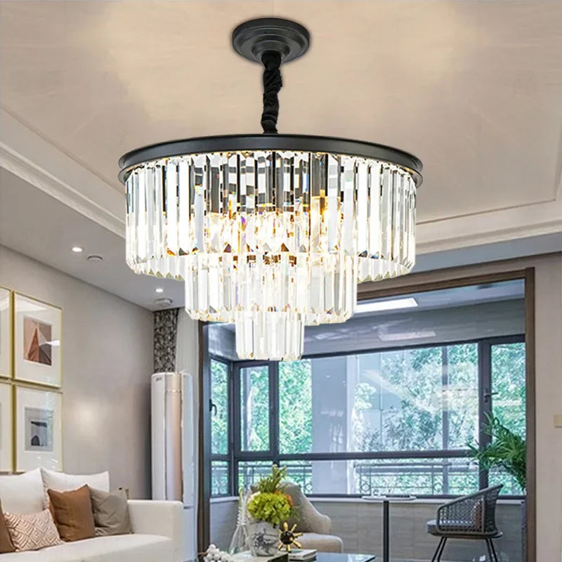 Afralia™ Crystal Gold Black LED Chandelier - Multi-Storey Modern Round Pendant Lamp