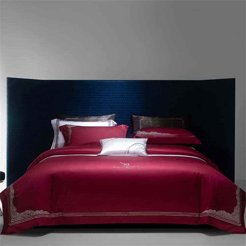 Afralia™ Satin Jacquard Embroidery Bedding Set King Queen with Egyptian Cotton - 4 Piece