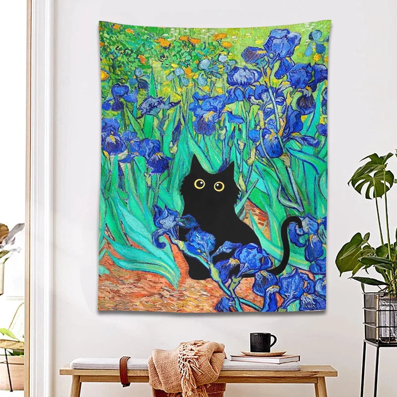 Afralia™ Irises Cat Tapestry: Van Gogh Inspired Black Cat Art & Floral Print