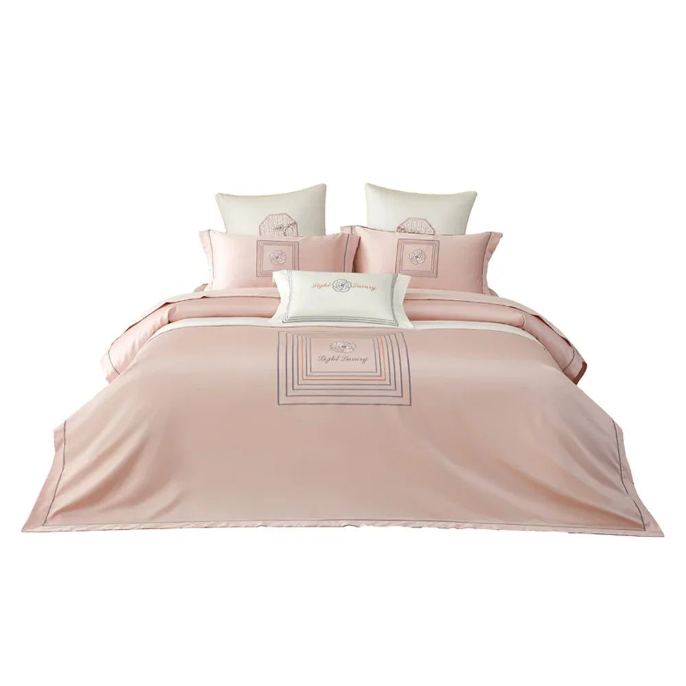 Afralia™ Pink Satin Jacquard Lotus Duvet Set 4Pcs Queen King Bedlinens