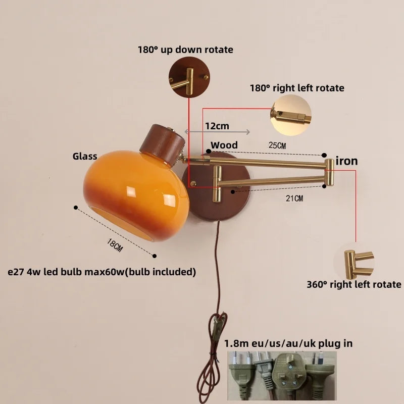 Afralia™ Modern Glass Swimg Arm LED Wall Lights for Study Bar Hotel Rotate Wood Bedside Lamp