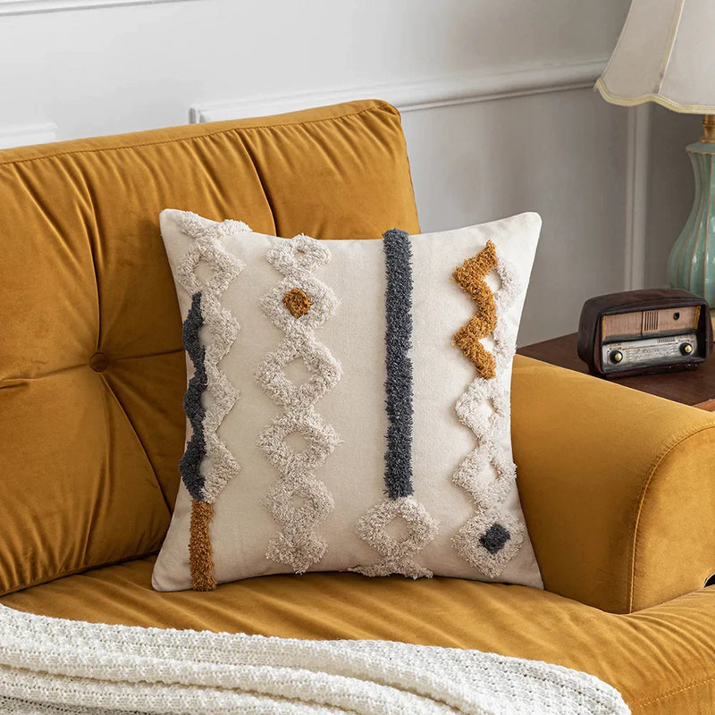 Geometric Embroidered Tufted Pillow Covers by Afralia™