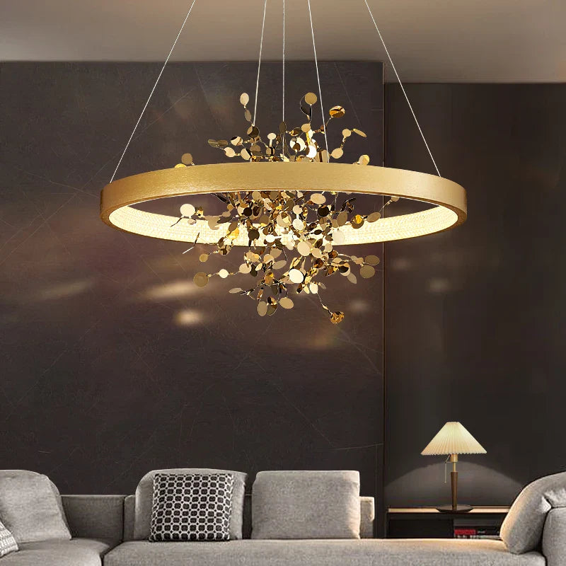 Afralia™ Modern Golden Ring LED Pendant Chandelier for Living Room and Bedroom