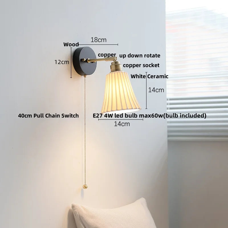 Afralia™ White Ceramic LED Wall Lamp Wood Canopy Sconce Reef Pull Chain Switch