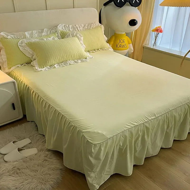 Afralia™ Lace Trim Washed Cotton Bedding Set - 4Pcs Solid Color Duvet Cover & Bed Skirt