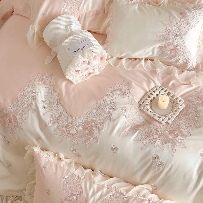 Afralia™ French Romantic Lace Ruffles Flowers Embroidery Bedding Set in Pink & Blue Cotton