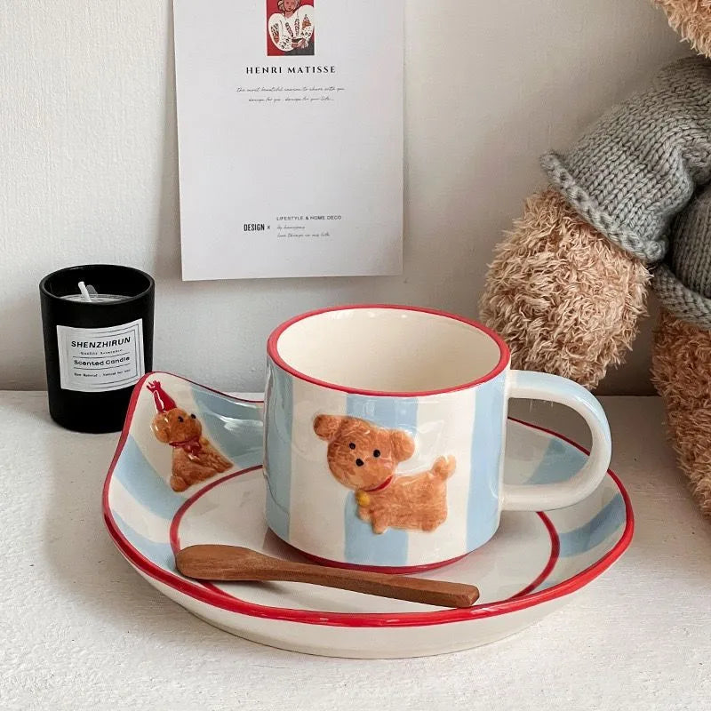 Afralia™ Kawaii Animal Ceramic Drinkware Set: Coffee Cup, Dessert Plate, Cute Dog Mug