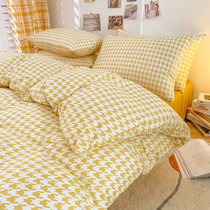 Afralia™ Nordic Checkerboard Pattern Washed Cotton Bedding Set for All-Season Comfort