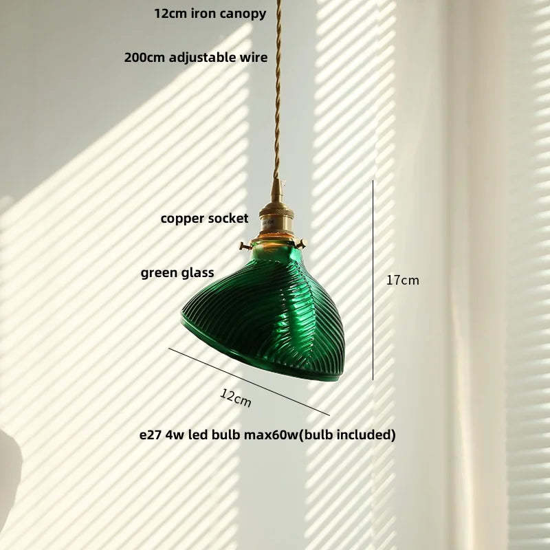 Afralia™ Copper Canopy LED Pendant Light Fixture Green Glass Hanging Lamp