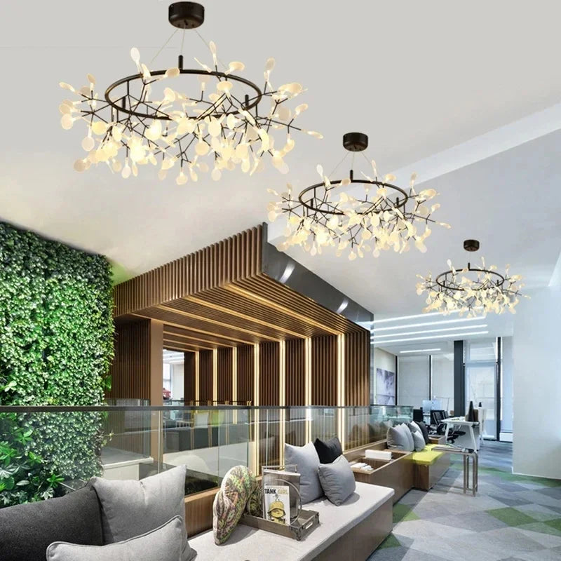 Afralia™ Firefly LED Chandelier: Stylish Tree Branch Round Metal Ceiling Spotlight