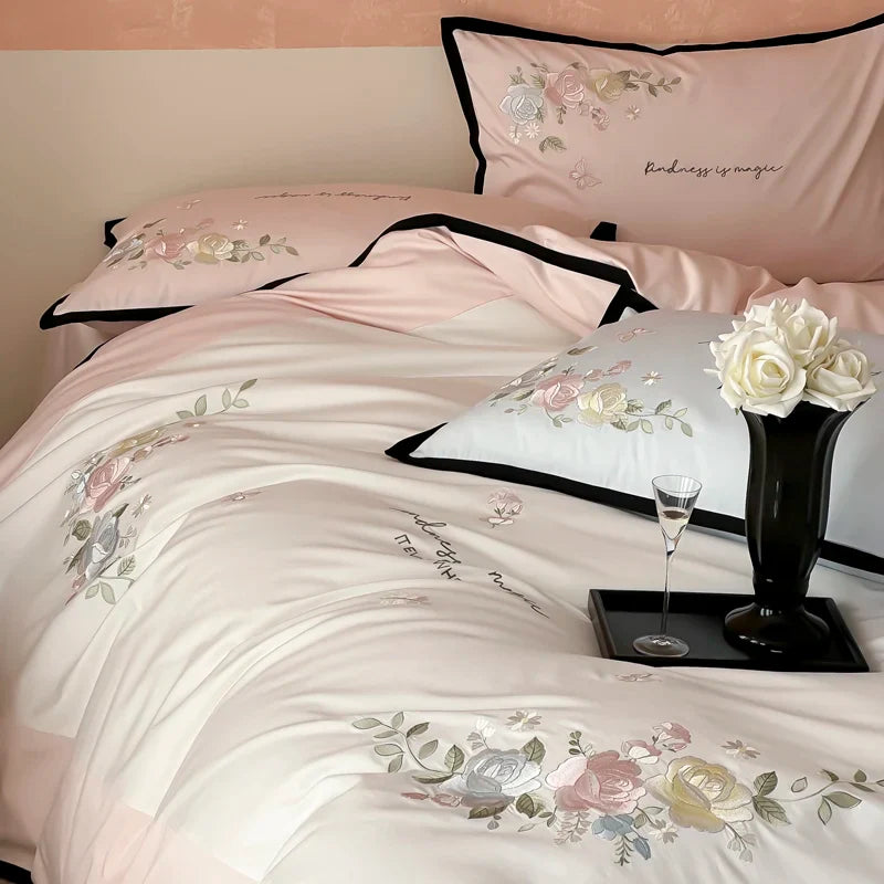 Afralia™ Pink Blue Flowers 4Pcs Princess Bedding Set Embroidered Duvet Cover Sheets