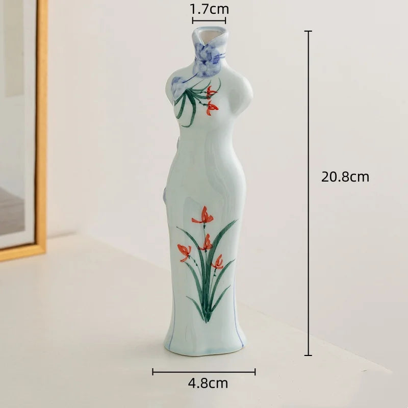 Afralia™ Retro Cheongsam Ceramic Vase Human Figure Maid Home Decor