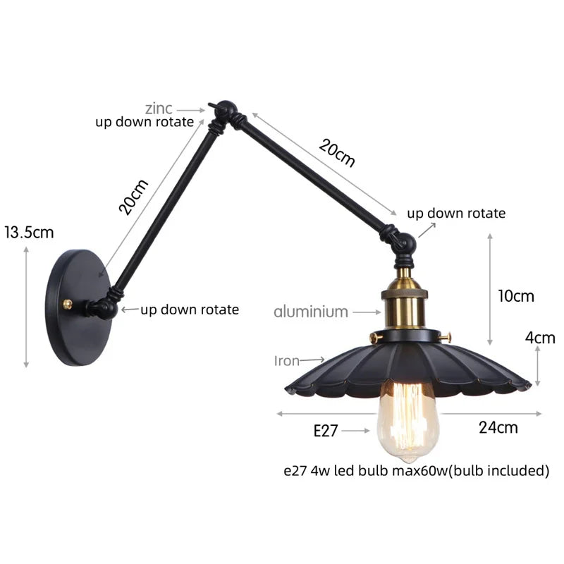 Afralia™ Black Iron LED Wall Light Fixture Industrial Vintage Adjustable Long Arm