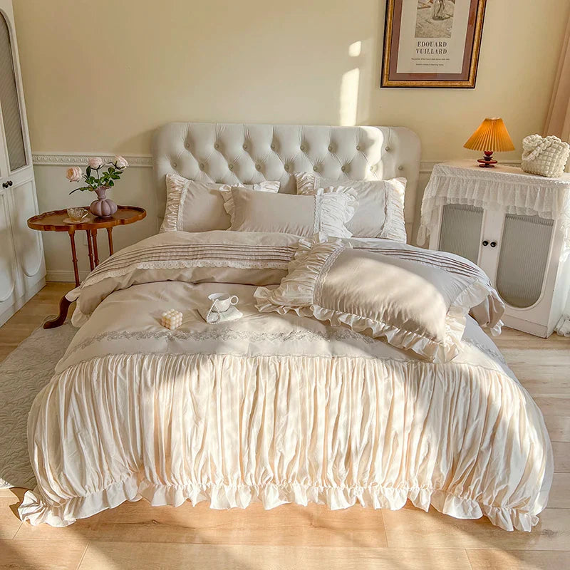 Afralia™ French Princess Cotton Bedding Set with Flower Embroidery and Ruffle Edge