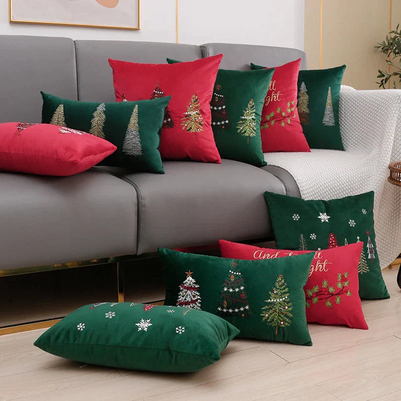 Afralia™ Christmas Tree Snowflake Embroidery Cushion Cover - Red Green Square Pillow Case