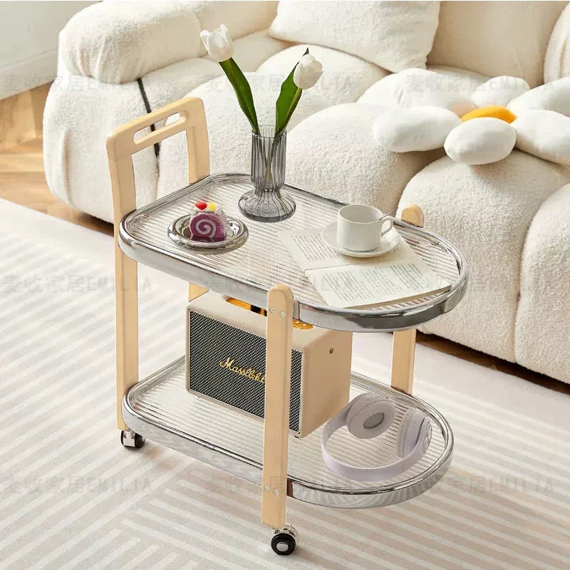 Afralia™ Nordic Wood End Table with Glass Top & Movable Trolley - Multifunctional Storage Rack