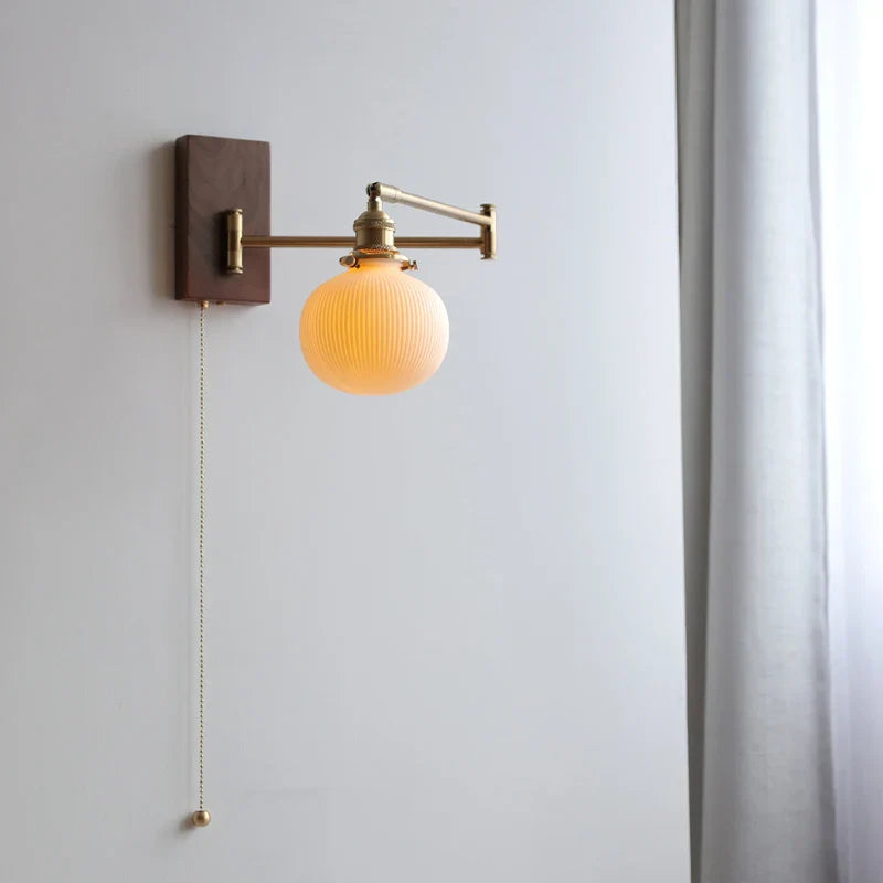 Afralia™ Wood Canopy LED Wall Lamp with Pull Chain Switch, Left Right Totate Arm Sconce