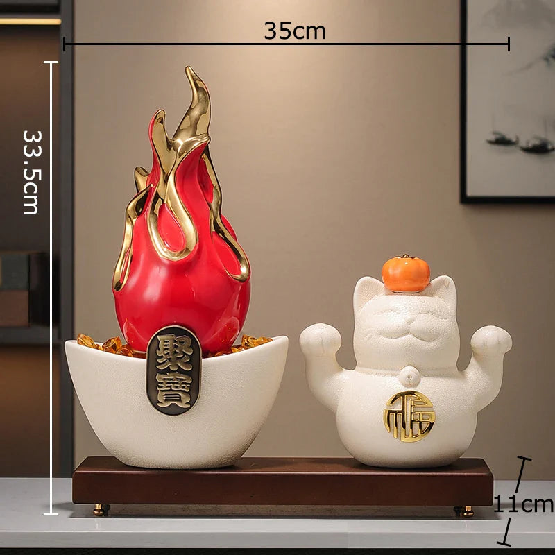 Afralia™ Gilded Pitaya Cat Ceramic Feng Shui Ornament Landscaping Decoration