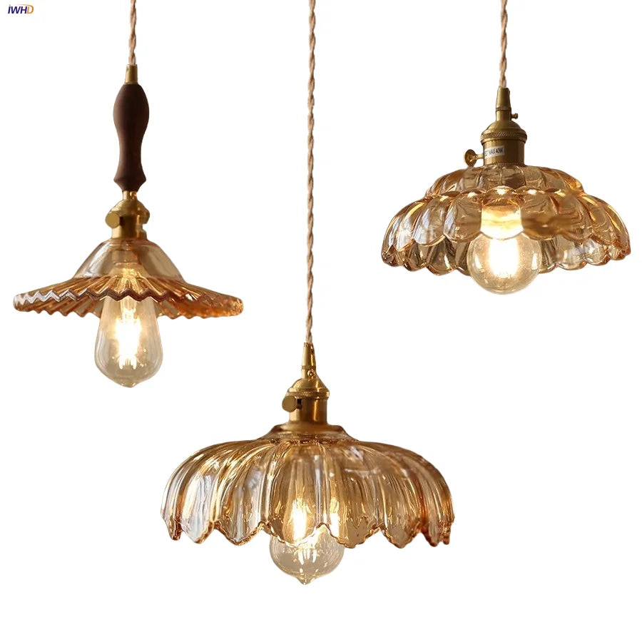 Afralia™ Amber Flower Glass LED Pendant Light - Modern Nordic Copper Switch Hang Lamp