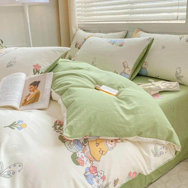 Afralia™ Cartoon Heart Floral Print Duvet Set with Bed Sheet & Pillowcases