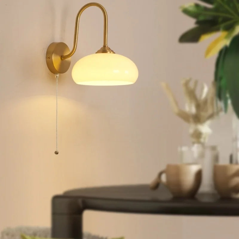 Afralia™ Glass LED Wall Sconce Pull Chain Switch Copper Nordic Stair Light