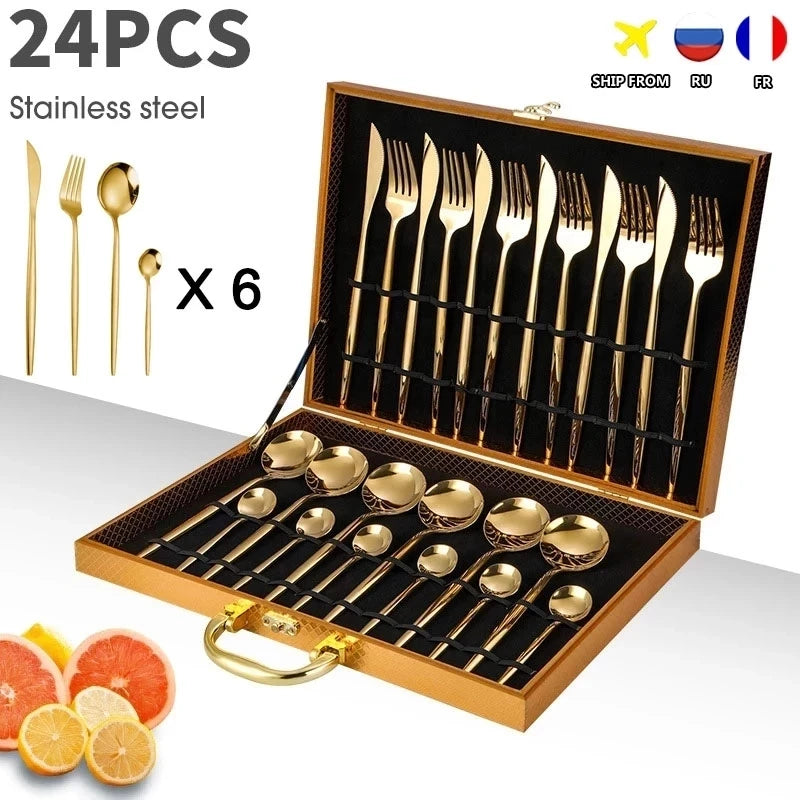 Afralia™ 24-Piece Gold Stainless Steel Cutlery Set - Elegant Tableware Gift Box