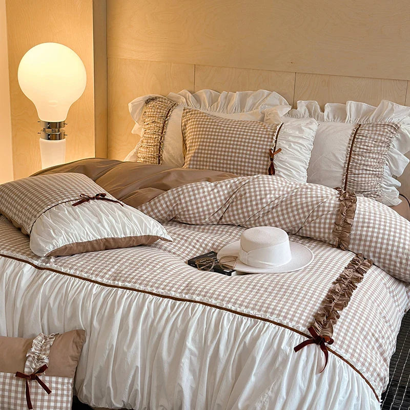 Afralia™ Checkered Ruffle Pleat Bedding Set with Bow Decoration