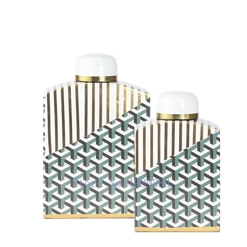 Afralia™ Retro Golden Ceramic Jar Vase Handicraft Square Cover Geometry Decor