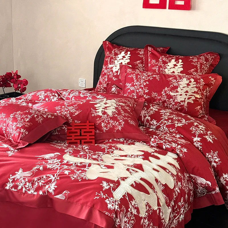 Afralia™ Luxury Red Egyptian Cotton Bedding Set, Queen King Ru Size Sheets & Duvet Cover