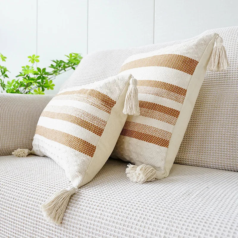 Afralia™ Ivory Brown Coffee Black Stripe Pillow Case with Tassels 45x45cm 30x50cm 50x50cm