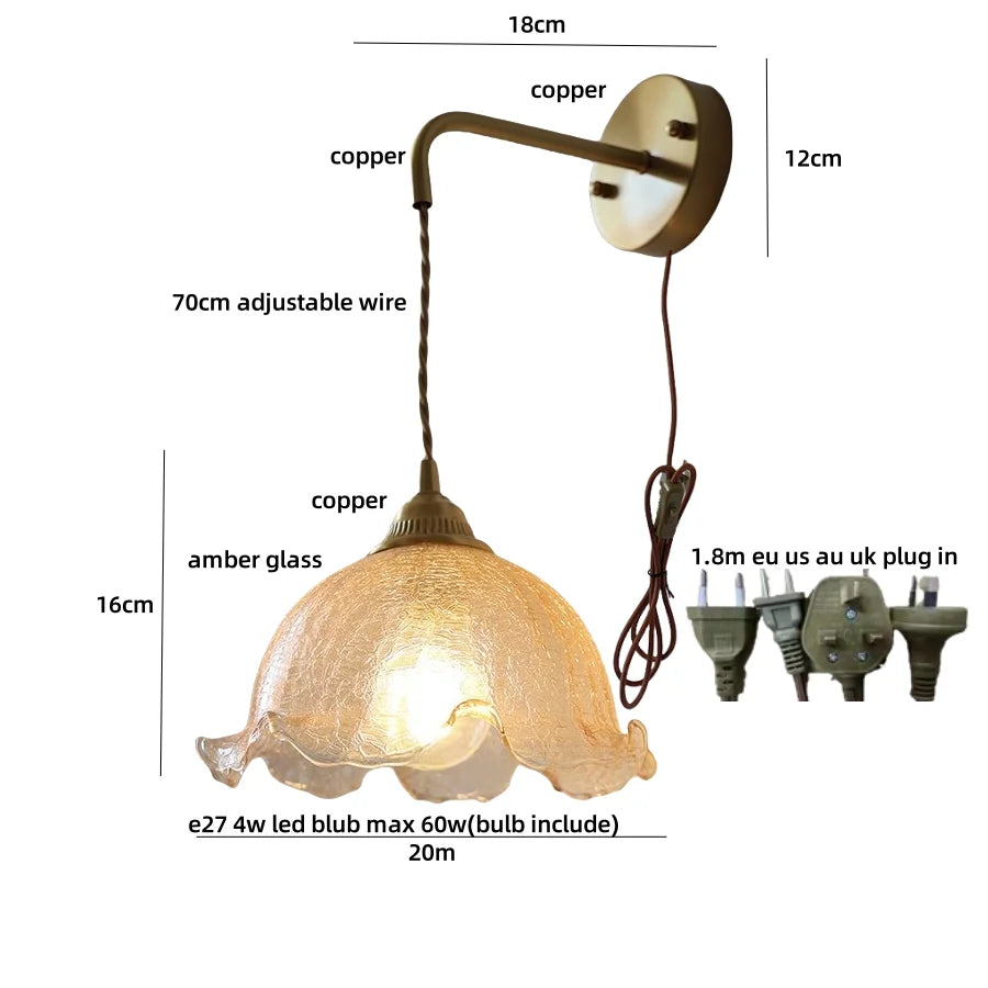Afralia™ Amber Glass LED Wall Sconce with Pull Chain Switch for Bedroom and Bathroom